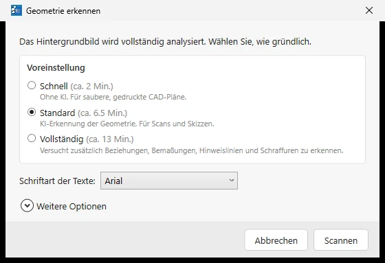 Der Startdialog „Geometrie erkennen“ mit den drei Stufen