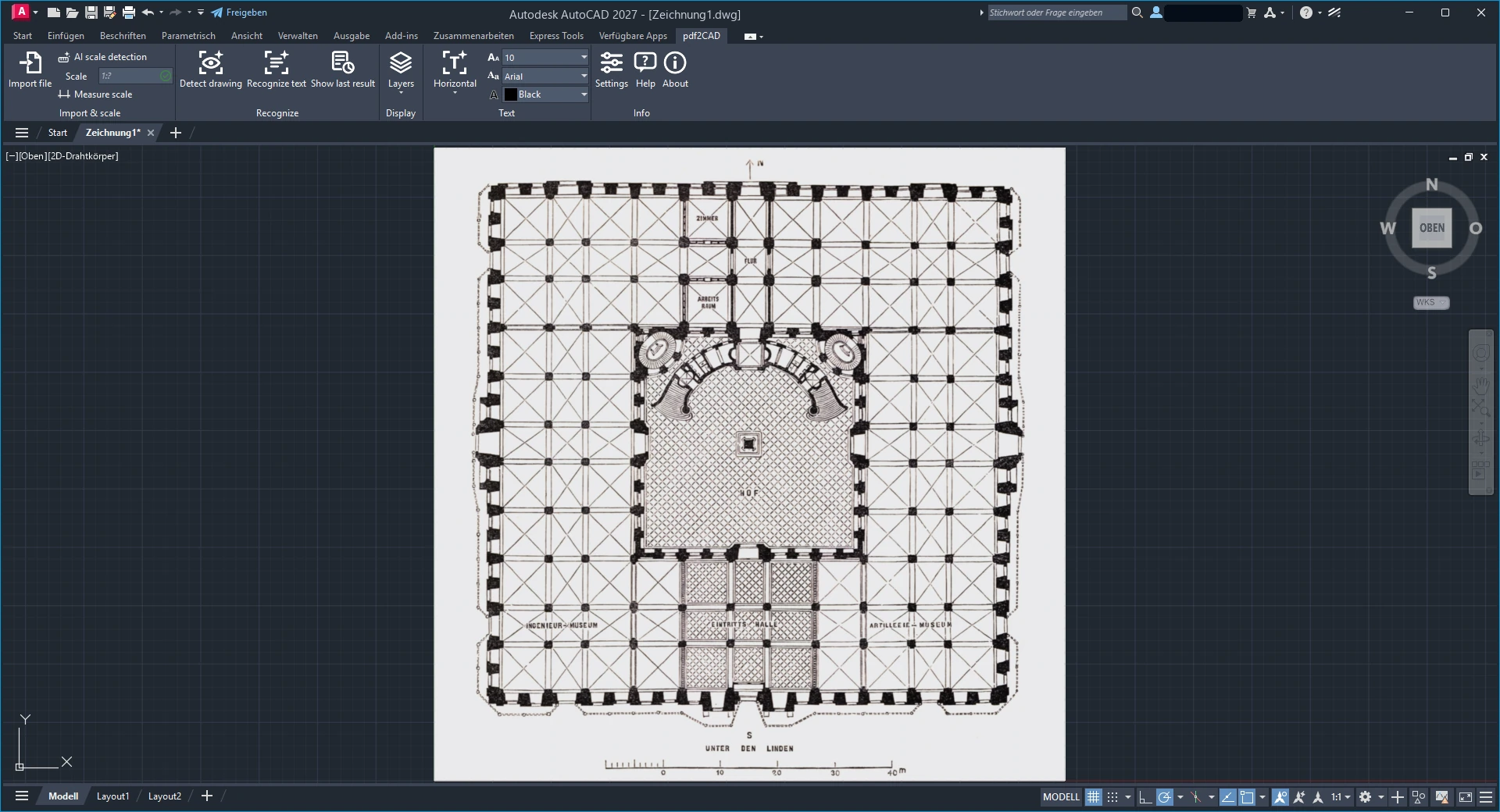 De geïmporteerde tekening in AutoCAD