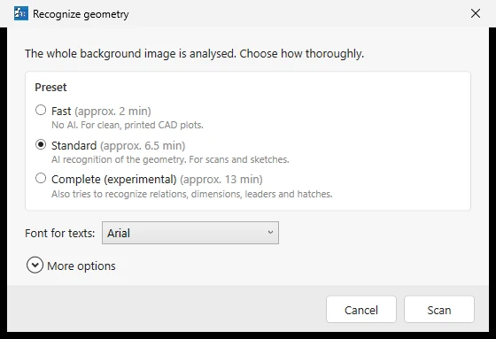 De startdialoog „Recognize geometry” met de drie niveaus