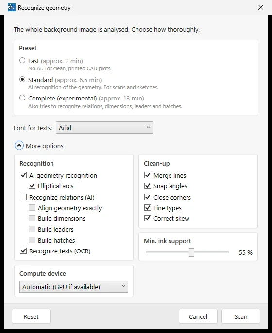De startdialoog met uitgeklapte „More options”